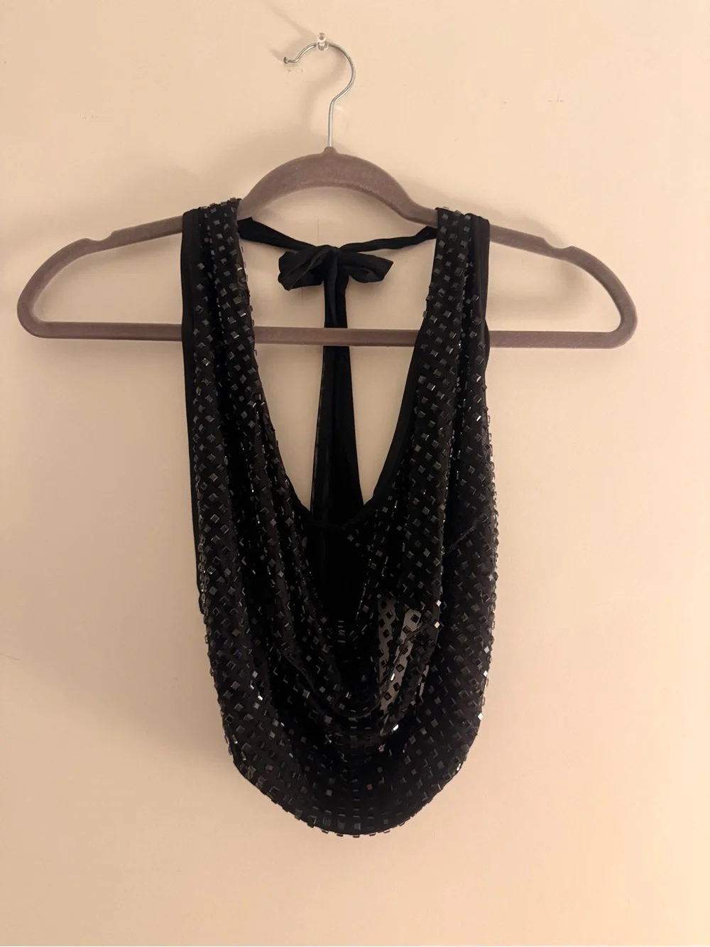 Windsor Black Sequin Halter Crop Top - Women's Sparkle Cowl Neck - Picture 2 of 5